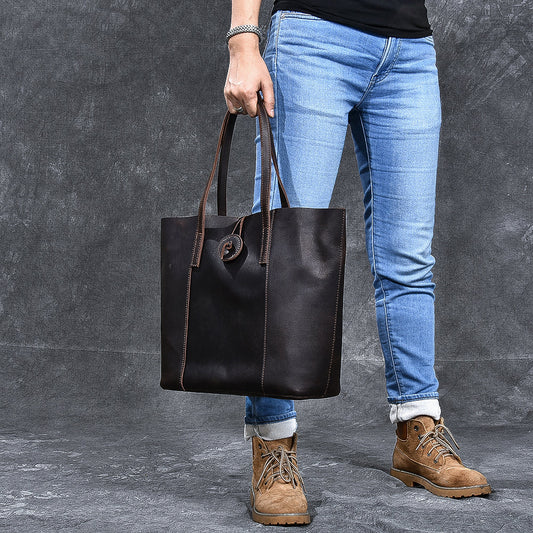 Leather Mens Womens 13' Large Shoulder Bag Vintage Coffee Tote Bag Large Side Bag For Men