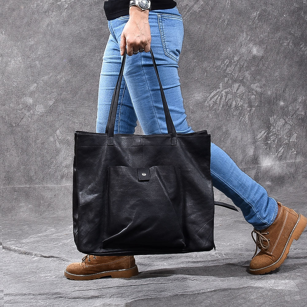 Leather Mens Womens 15' Large Shoulder Bag Black Tote Bag Large Side Bag Handbag For Men