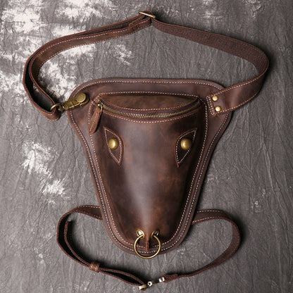 Brown Mens Leather Fanny Pack OX Head Bum Bag Cool Waist Bag for Men