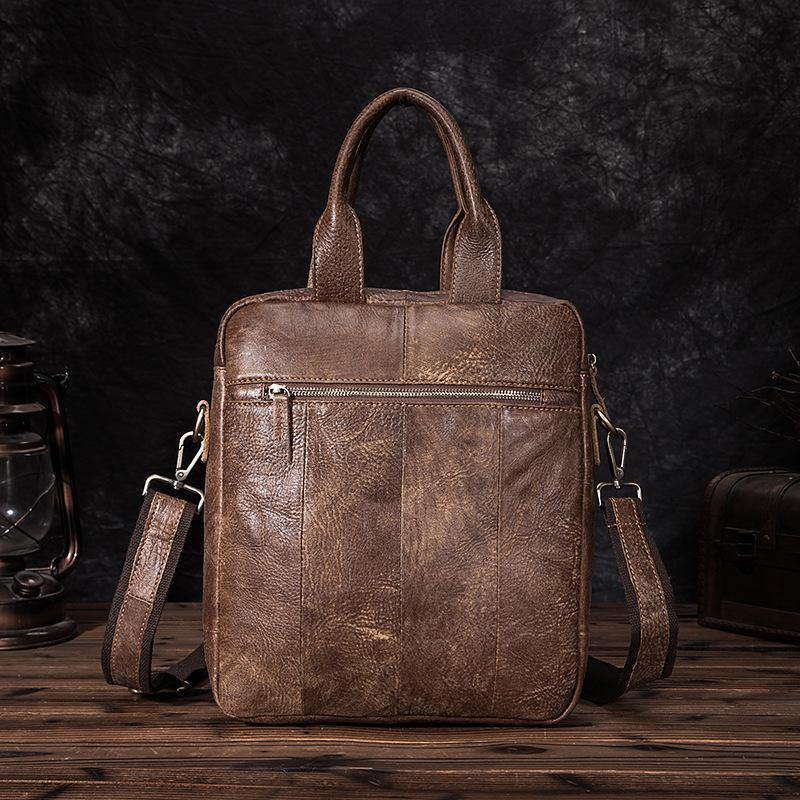 Brown Leather Mens Vertical Briefcase Work Bag Handbag Vertical 10 inches Shoulder Bags Business Bags For Men