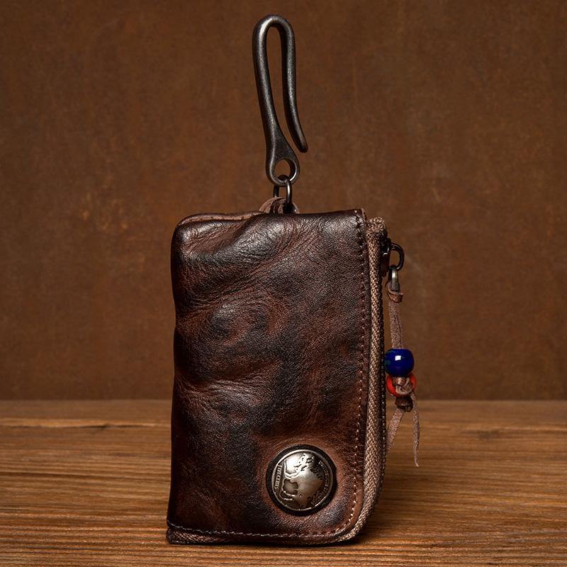 Black Leather Mens Small Car Key Wallet Brown Key Holder Coin Purse Brown Card Holder For Men