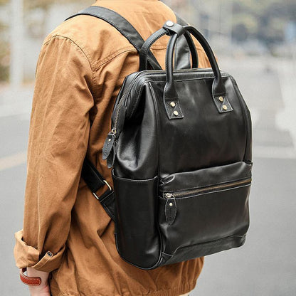 Cool Black Leather Mens Travel Backpack Work Handbag Briefcase Work Backpack For Men