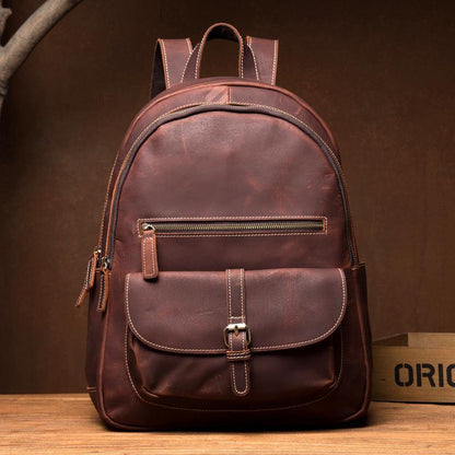 Fashion Brown Mens Leather 14-inch Large Laptop Backpacks Brown Travel Backpacks School Backpack for men