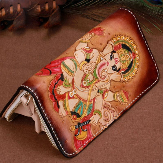 Handmade Leather Mens Clutch Wallet Cool Ganesha Tooled Wallet Long Zipper Wallets for Men