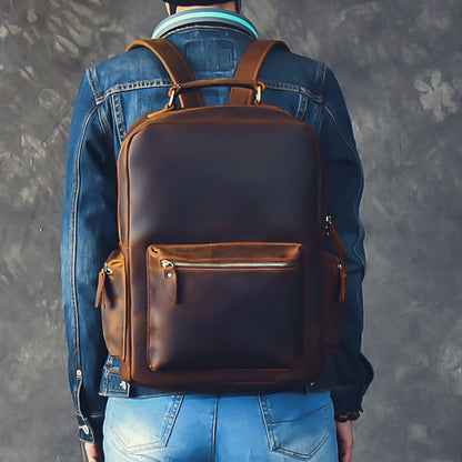 Vintage Brown Leather Mens 15' Laptop Backpack Hiking Backpack Travel Backpack College School Bag for Men