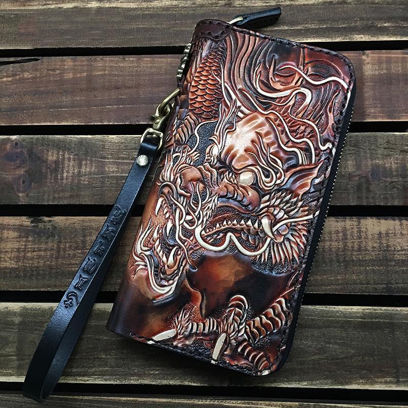 Black Handmade Tooled Chinese Dragon Leather Long Biker Wallet Chain Wallet Clutch Wallet For Men