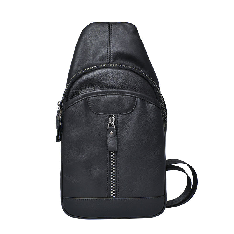 Cool Leather Mens 8' Black Sling Bag Chest Bag One Shoulder Backpack for Men