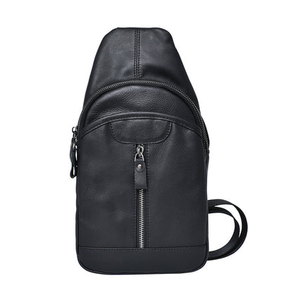 Cool Leather Mens 8' Black Sling Bag Chest Bag One Shoulder Backpack for Men