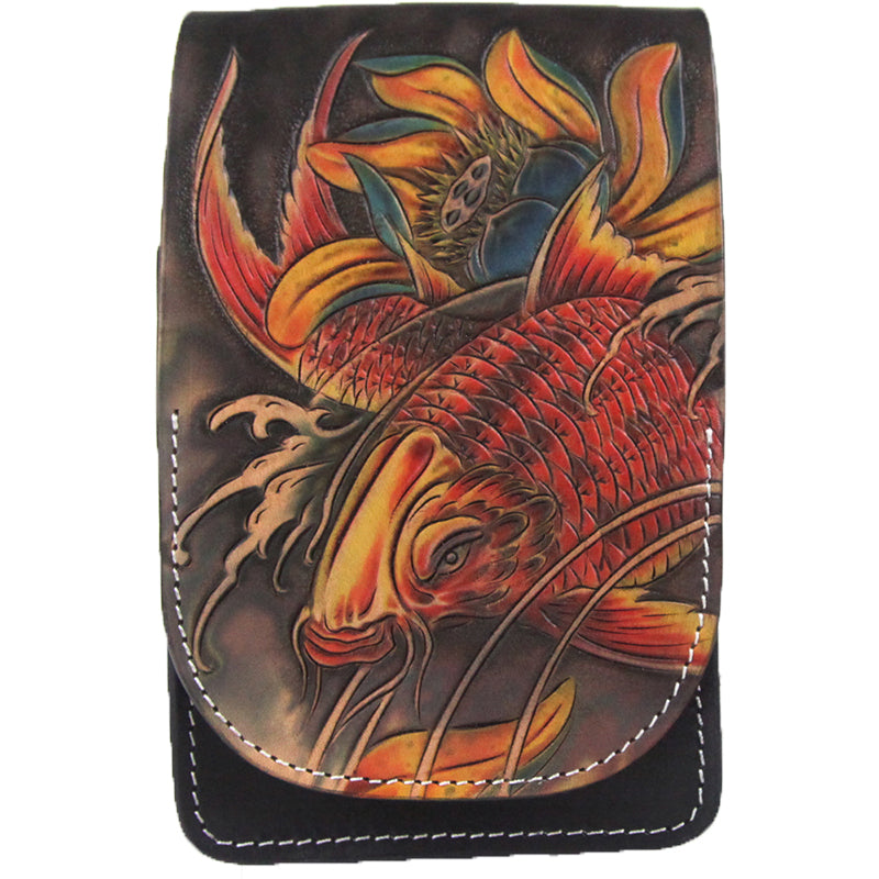 Tooled Carp Handmade Leather Mens Belt Pouch Waist Bag Belt Phone Bag Mobile Bag For Men