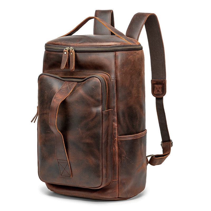 Vintage Mens Leather Barrel Backpack Barrel Travel Backpack Tan School Backpack For Men