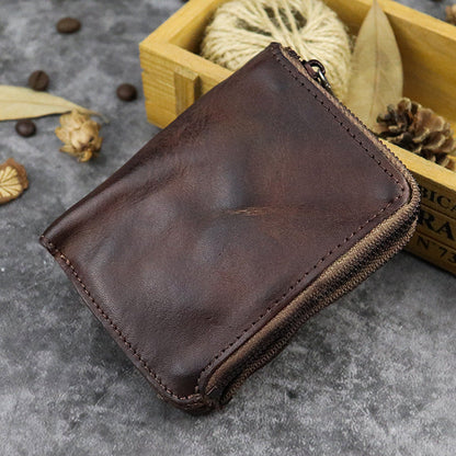 Brown Leather Men's Yellow Zipper Camel Small Wallet Bifold billfold Card Wallet For Men