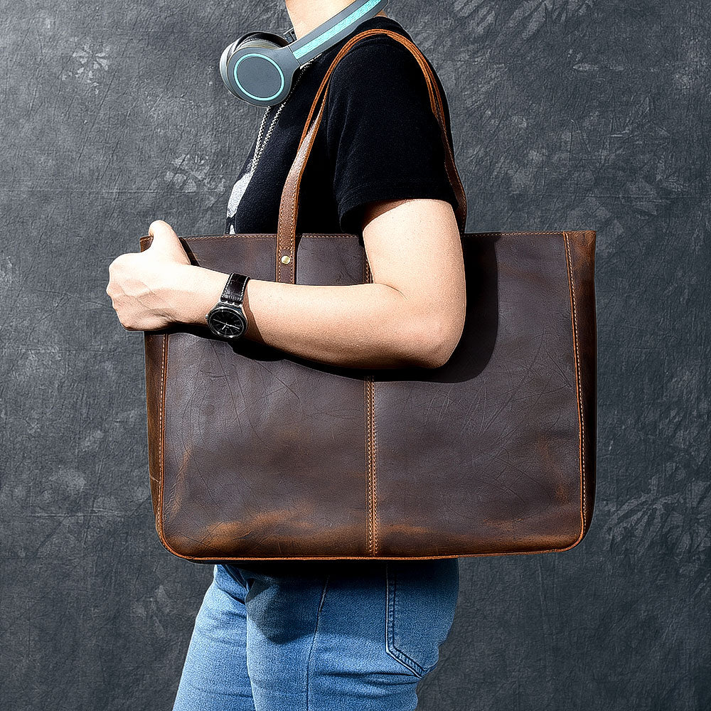 Leather Mens Womens 14' Large Tote Shoulder Bag Vintage Brown Tote Bag Large Side Bag For Men