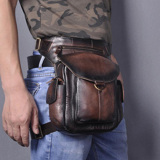 Coffee Leather Men Belt Pouch Vintage Drop Leg Bag Biker Purse Side Belt Bag for Men