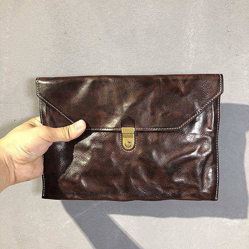 Simple Leather Black Mens Envelope Clutch Bag Vintage Coffee Clutch Wallet for Men