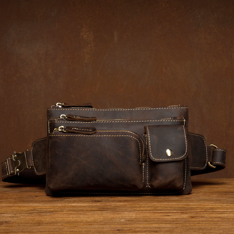 Vintage Brown Leather Mens Fanny Pack Waist Bag Coffee Hip Pack Belt Bag Bumbag for Men