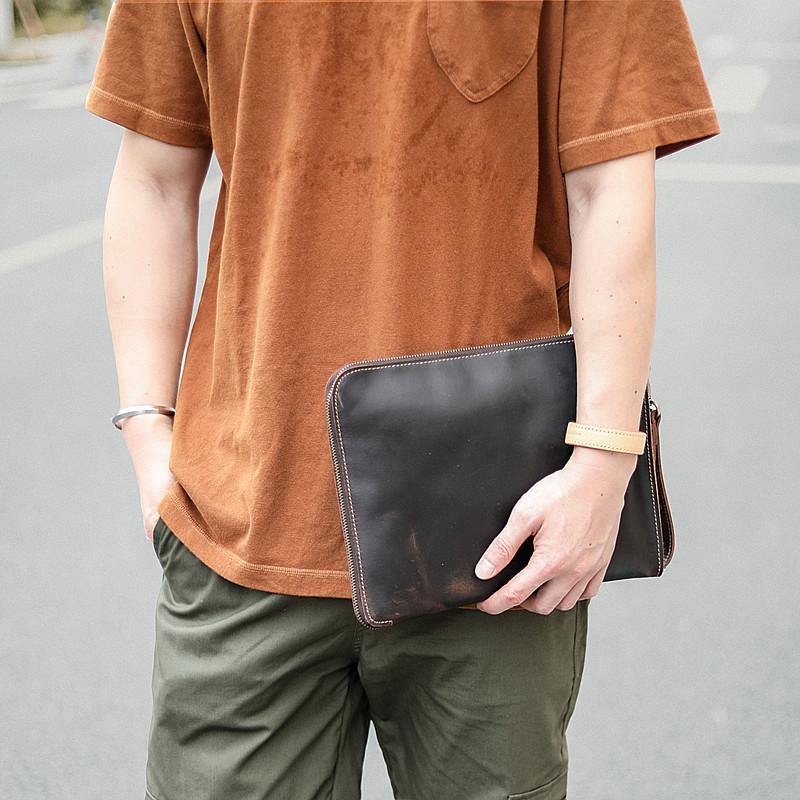 Vintage Business Leather Mens Brown Envelope Bag Document Purse Dark Brown Clutch For Men