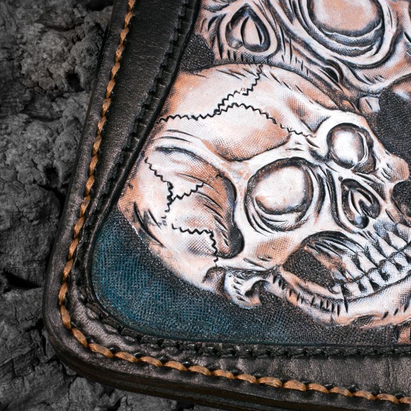 Handmade Leather Men Tooled Skull Halley Cool Leather Wallet Long Phone Wallets for Men