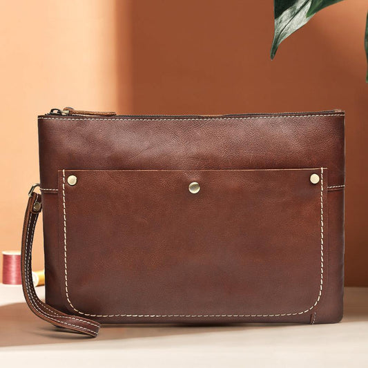 Mens Leather Slim Zipper Clutch Brown Wristlet Purse Envelope Briefcase Bag For Men