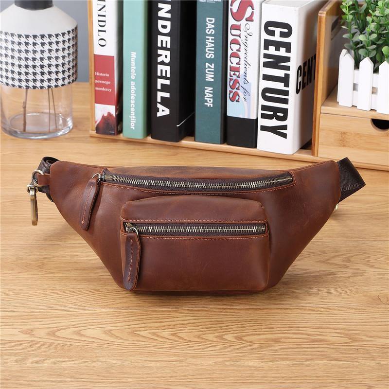 Mens Leather Fanny Packs Bum Bag Hip Pack Brown Leather Waist Bags for Men