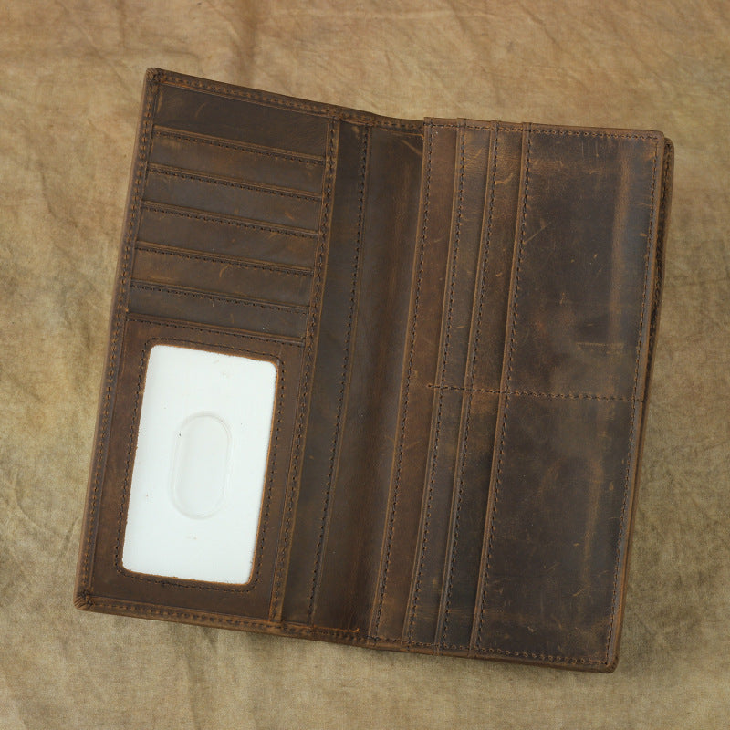 Vintage Brown Leather Men's Long Wallet Bifold Long Slim Wallet For Men