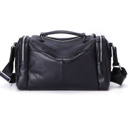 Fashion Black Leather Men's Small Barrel Side Bag Travel Bag Small Black Overnight Bag For Men