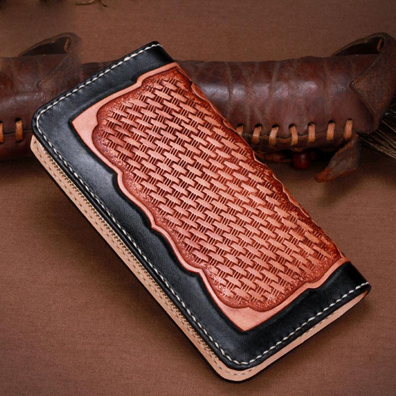 Handmade Leather Mens Clutch Wallet Cool Kylin Tooled Wallet Long Zipper Wallets for Men