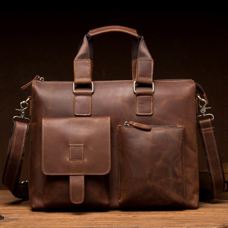 Vintage Brown Leather Mens 15 inches Briefcase Laptop Side Bag Business Bag Brown Work Bags for Men