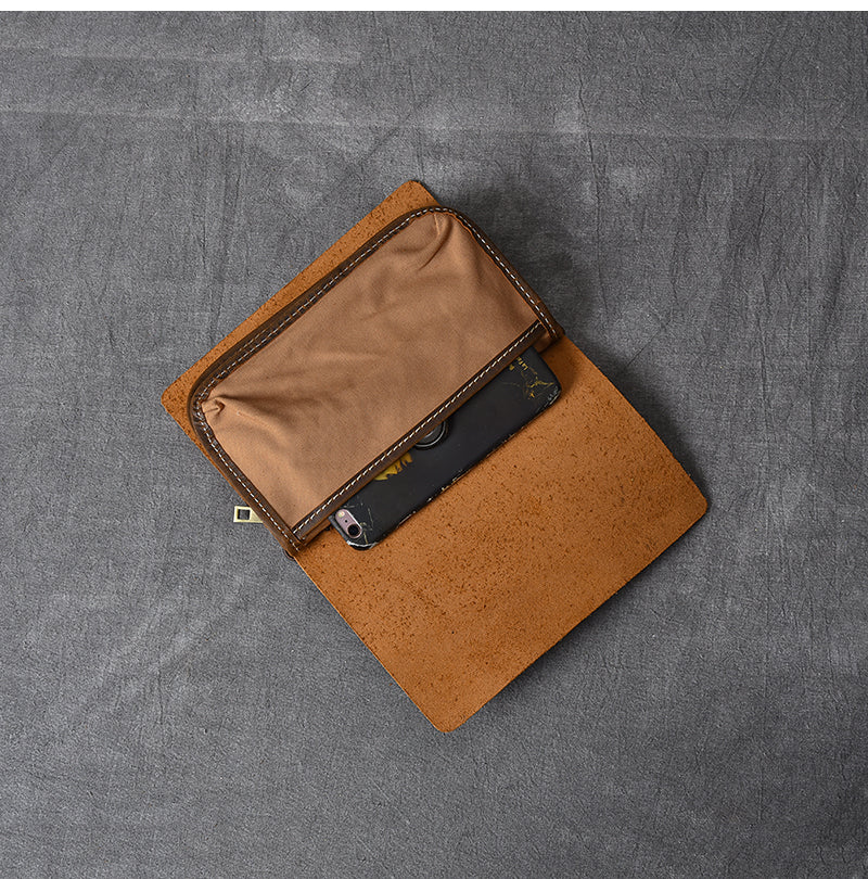 Brown Leather Mens Bifold Canvas Travel Clutch Bag Long Wallet For Men