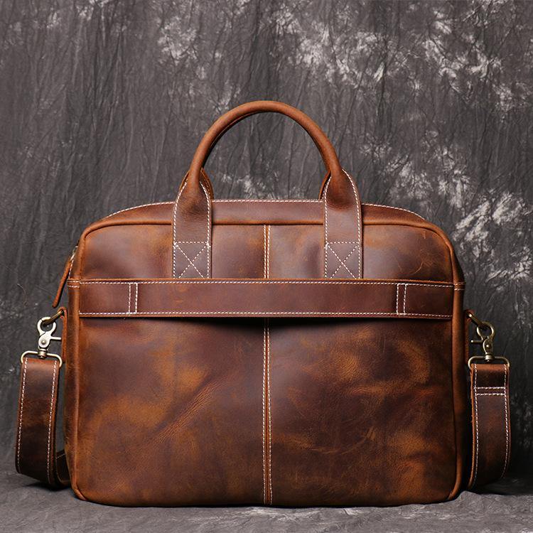 Brown Leather Men 14 inches Vintage Briefcase Handbag Dark Coffee Laptop Handbag Side Bag For Men