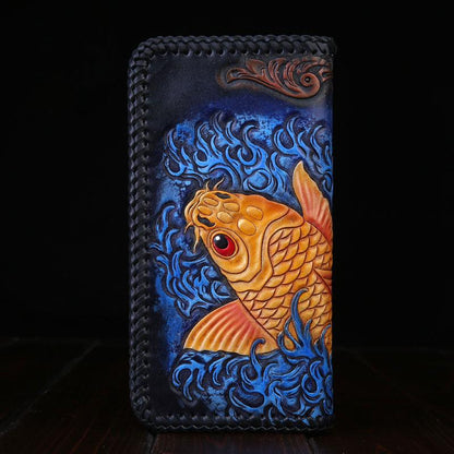 Handmade Leather Mens Clutch Wallet Tooled Cool Carp Wallet Long Zipper Wallets for Men