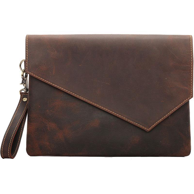 Vintage Business Leather Mens Black Envelope Bag Document Purse Dark Brown Clutch For Men