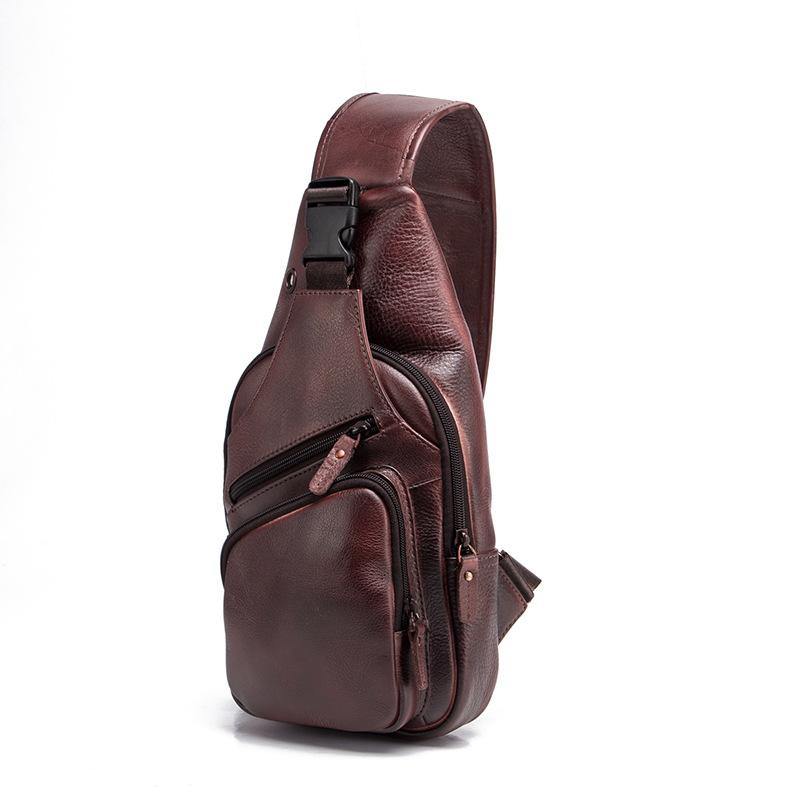 Brown Cool LEATHER MENS 8'' Sling Bag Coffee Chest Bag Brown One Shoulder Bag For Men