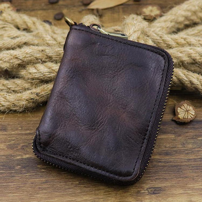 Brown Men Leather Zip Billfold Small Chain Wallet with Coin Pocket Biker Bifold Chain Wallet for Men