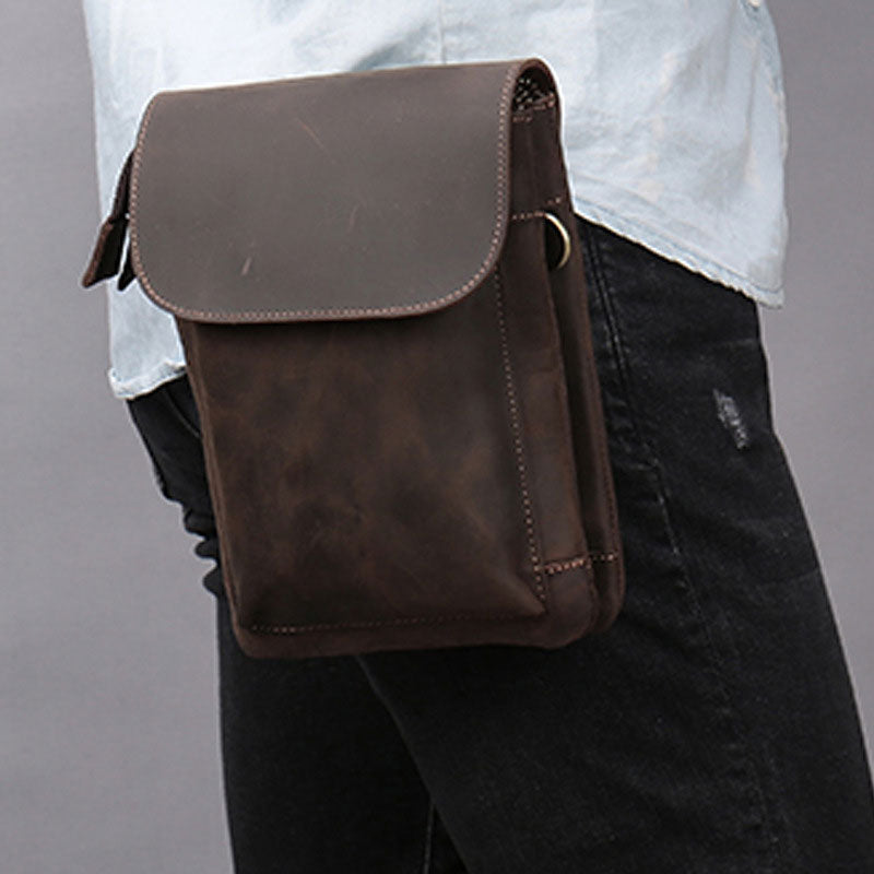 Cool Dark Brown Leather Mens Belt Pouch Small Side Bag Belt Bag For Men