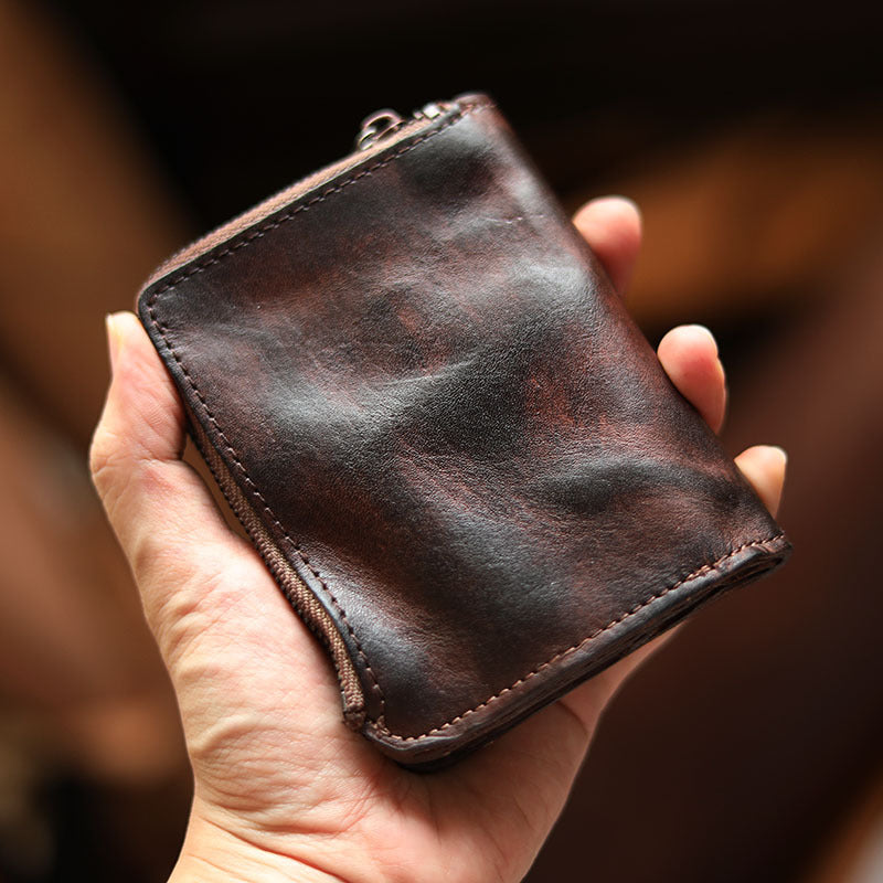 Cool Brown Leather Mens billfold Wallet Bifold SMall Wallet Black Front Pocket Wallet For Men