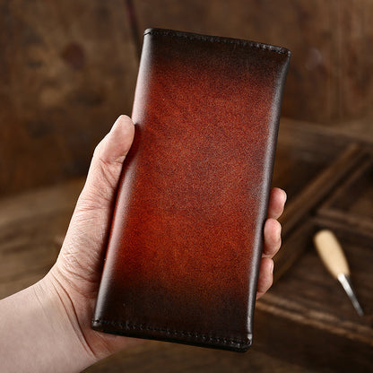 Casual Retro Leather Mens Wine Red Slim Long Wallet Light Beige Bifold Card Wallet Clutch Wallet For Men