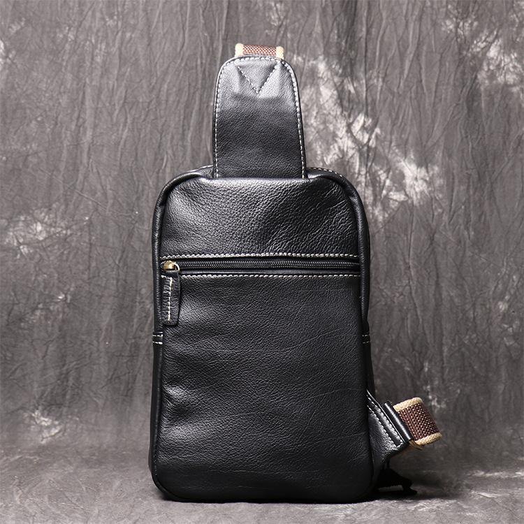 Fashion Black Leather Sling Backpack Men's Sling Bag Black Chest Bag One shoulder Backpack Black Sling Pack For Men