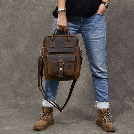 Vintage Leather Mens 10'' Vertical Brown Briefcase Handbag Bag Shoulder Bag Side Bag For Men