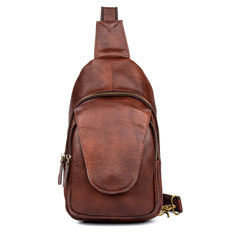 Casual Leather Brown Mens Sling Pack Sling Bags Chest Bag One Shoulder Backpack for Men