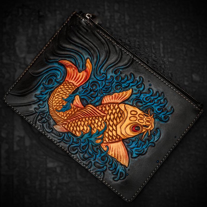 Handmade Leather Tibet Scriptures Tooled Wristlet Bag iPad Bag Mens Cool Leather Wallet Long Clutch for Men