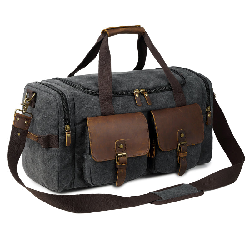 Canvas Leather Mens Large Black Weekender Bag Gray Duffle Bag Luggage Bag for Men