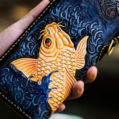 Handmade Leather Men Tooled Carp Cool Leather Wallet Long Phone Wallets for Men