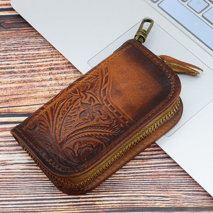 Vintage Embossed Brown Leather Men's Key Wallet Black Key Case Car Car Key Holder For Men