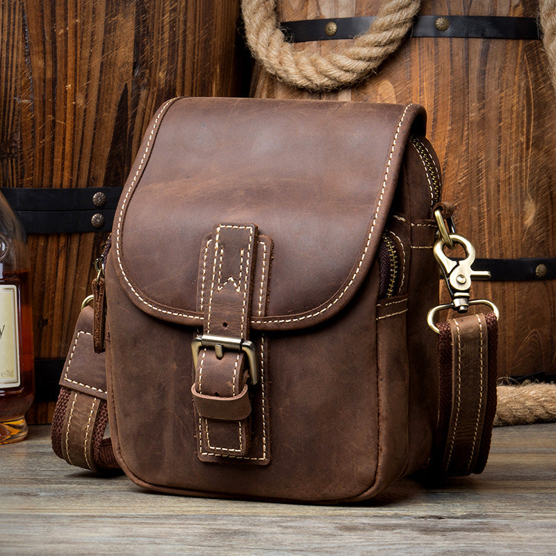 Dark Brown Casual Leather Mens Small Side Bag Messenger Bag Waist Bag Belt Pouch for Men