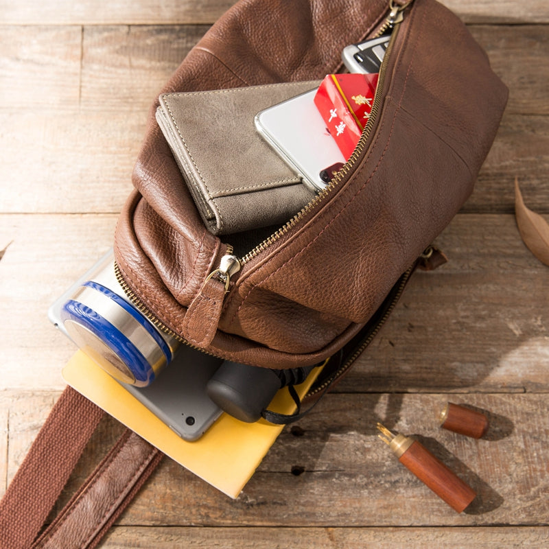 Handmade Brown Leather Mens Sling Bag Sling Pack Chest Bag Black One Shoulder Backpack for Men