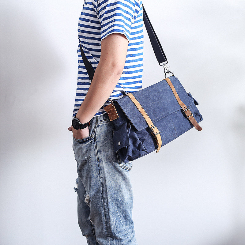 Waxed Canvas Leather Mens Waterproof 10'' Side Bag Courier Bag Blue Messenger Bag For Men