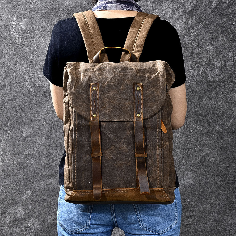 Waxed Canvas Leather Mens 15' Gray Computer Backpack Brown Travel Backpack College Backpack for Men