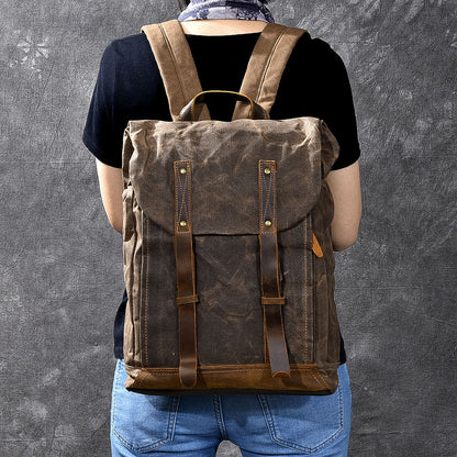 Waxed Canvas Leather Mens 15' Gray Computer Backpack Brown Travel Backpack College Backpack for Men