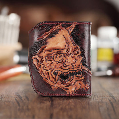 Brown Handmade Tooled Hannya Leather Mens Small Bifold Biker Wallet billfold Wallet For Men