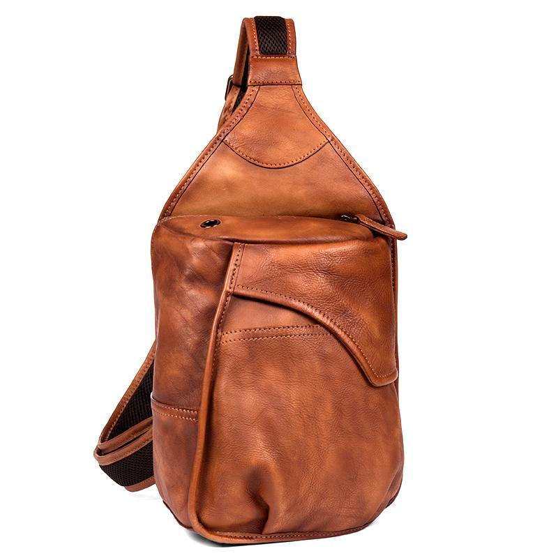 Cool Brown Leather Mens 8 inches Sling Bag Sling Pack Crossbody Pack Chest Bag for men